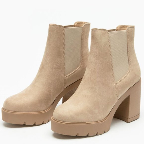 New Beige Wheat Chelsea Elastic Platform Chunky Heel Ankle Boots Booties - Picture 2 of 3